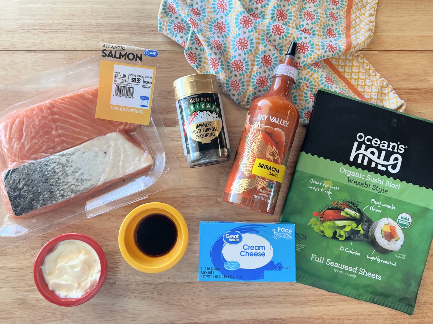 All the ingredients needed to make Salmon Sushi Bake. 