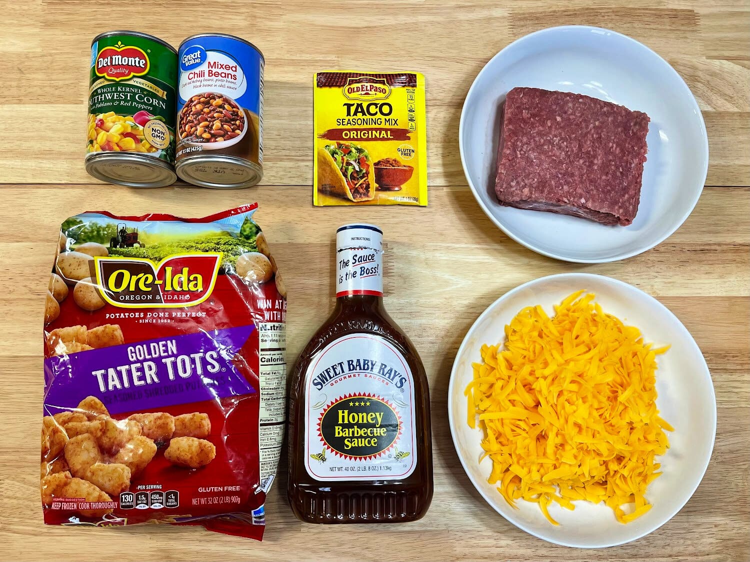 All the ingredients needed to make Taco Tater Tot Casserole. 