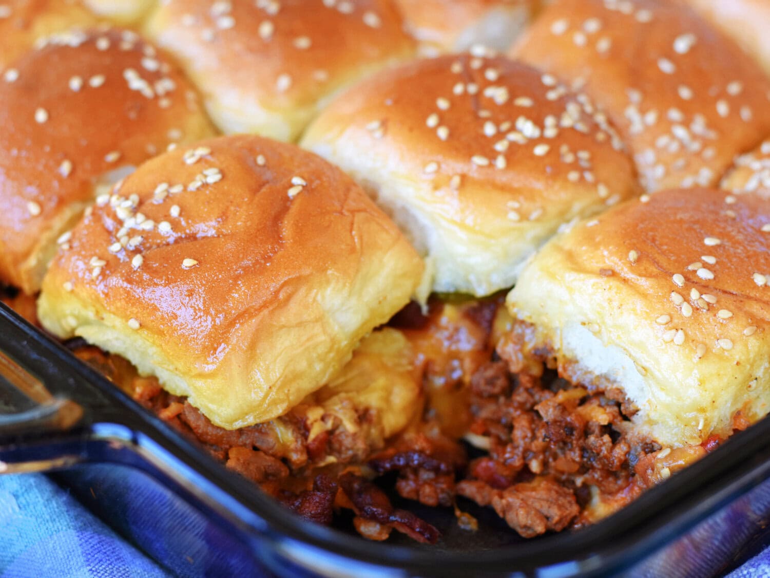 A pan of Bacon Cheeseburger Sliders, fresh from the oven. 