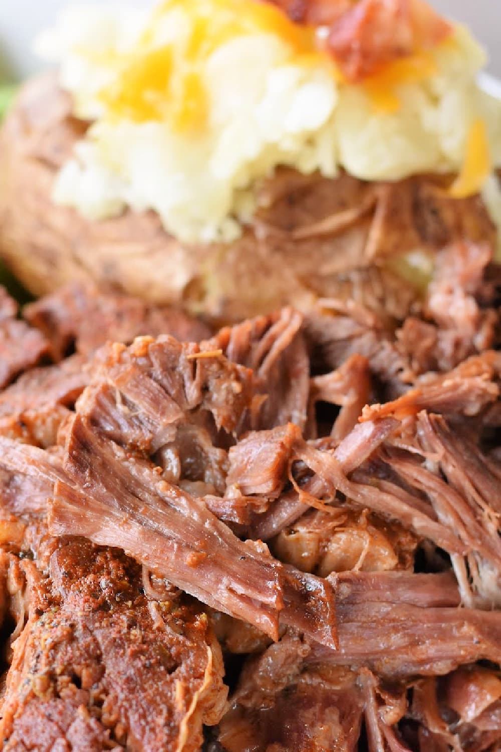 Tender and juicy, shredded roast beef ready to be enjoyed. 