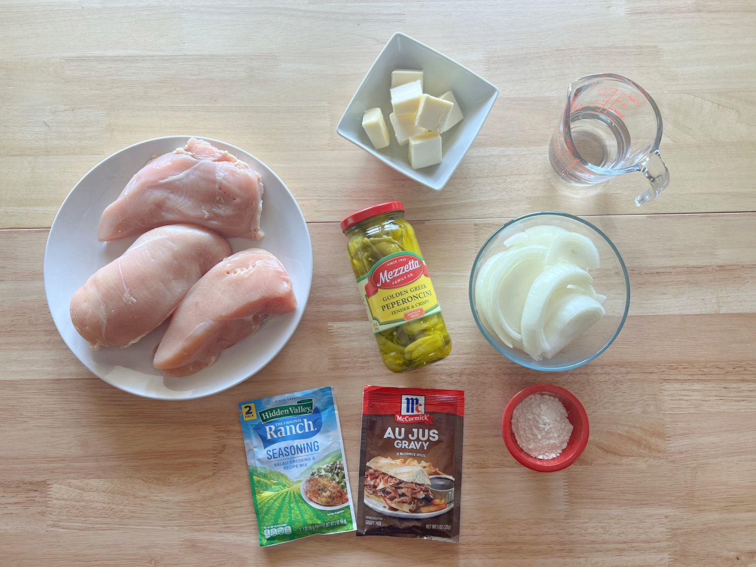 All the ingredients needed for making Mississippi Chicken in the Instant Pot. 