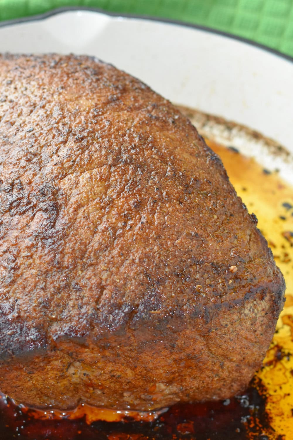 A seared top round roast, ready for the oven. 