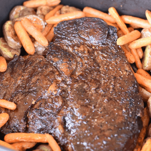 Chuck roast, potatoes, and carrots in an air fryer.