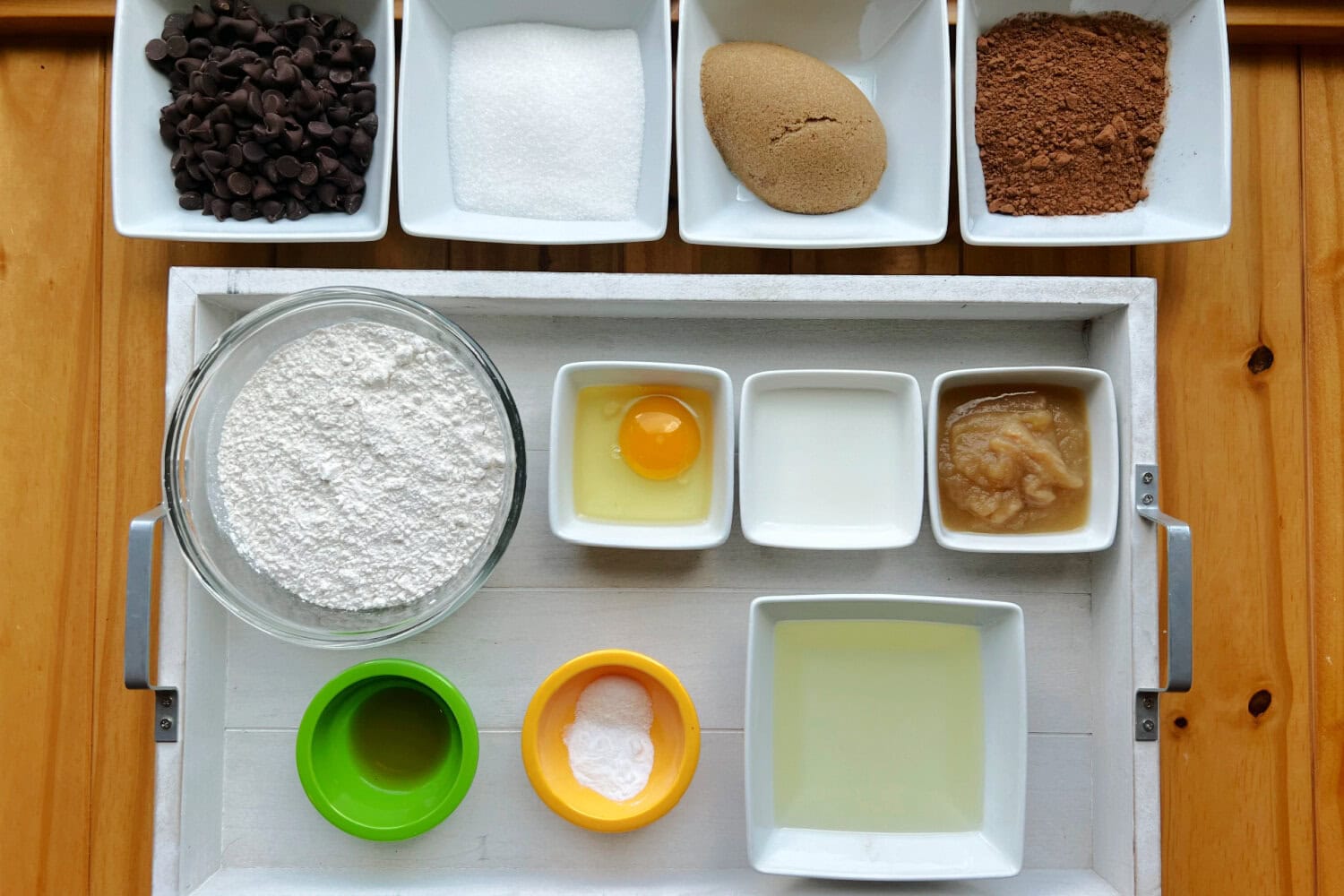 All the ingredients needed to make Double Chocolate Chip Muffins. 