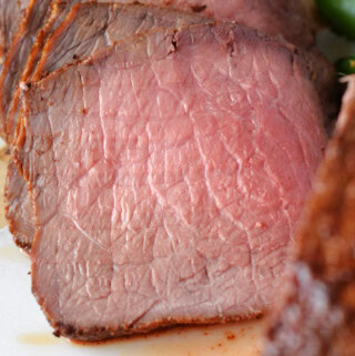 Juicy and tender slices of medium-rare top round roast.