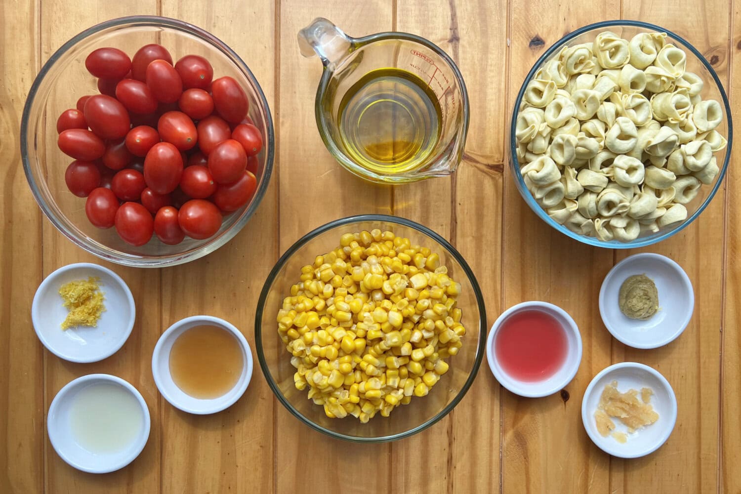 Ingredients for cheese tortellini pasta salad.