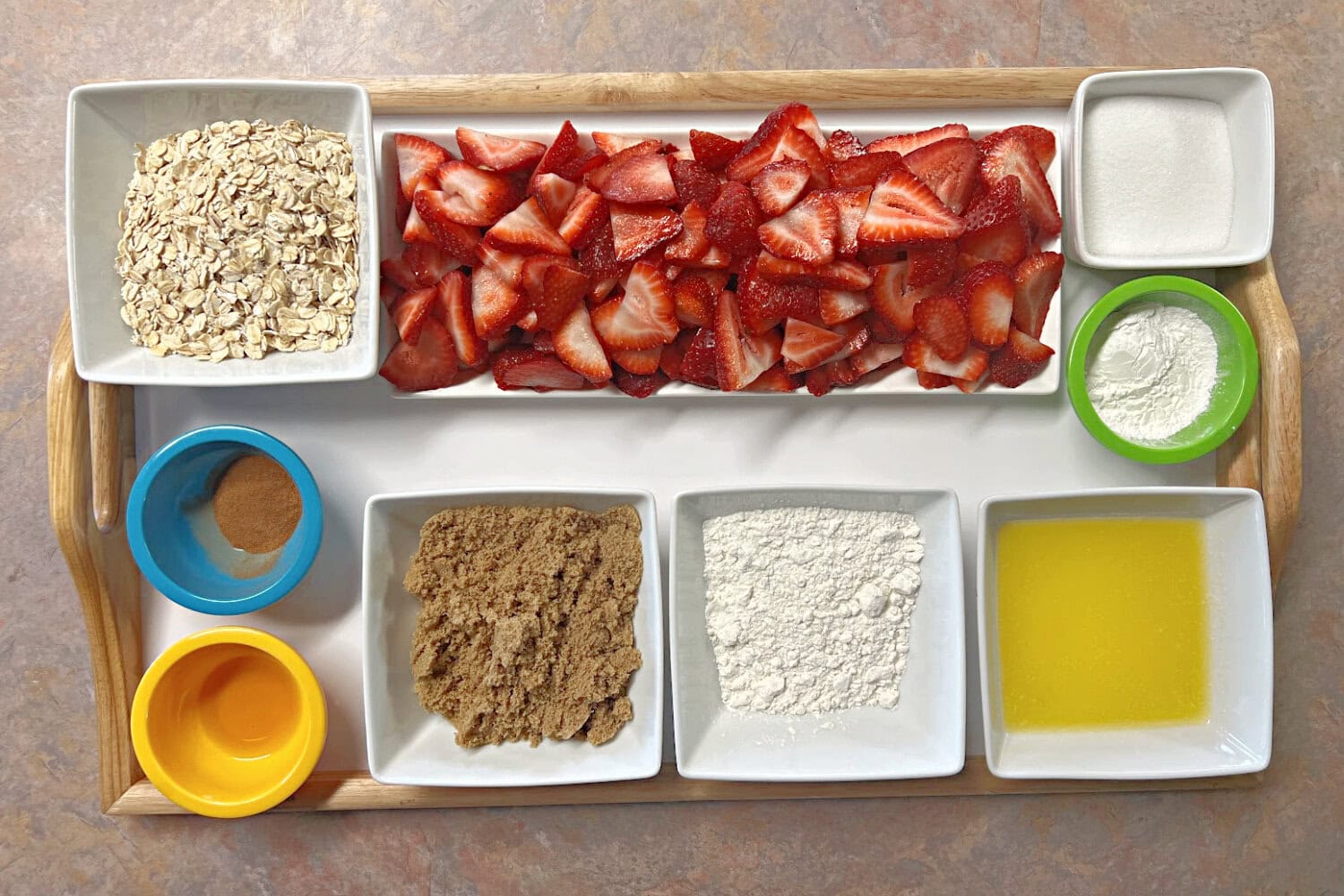 All the ingredients needed to make Strawberry Crumble. 