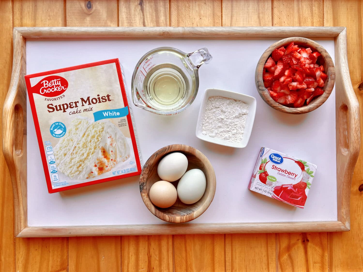 All the ingredients needed to make Strawberry Pound Cake. 