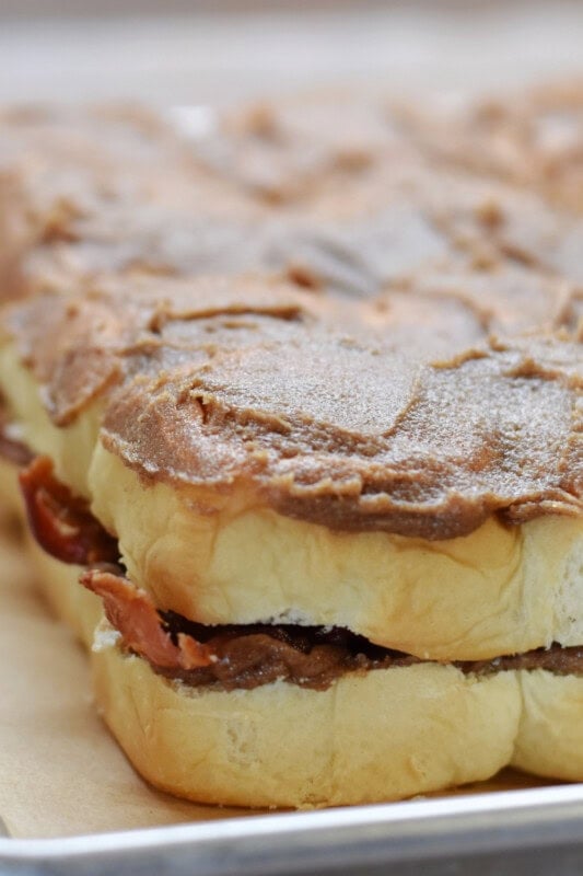 Buttery cinnamon sugar spread all over the top of the rolls. 