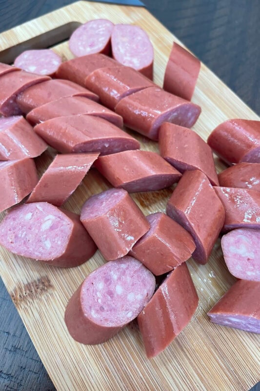 Kielbasa sausage cut up into 1-1 1/2 inch chunks. 