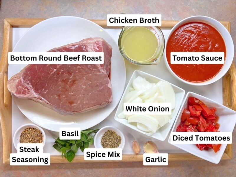 Beef Bottom Round Roast ingredients on a serving platter. 