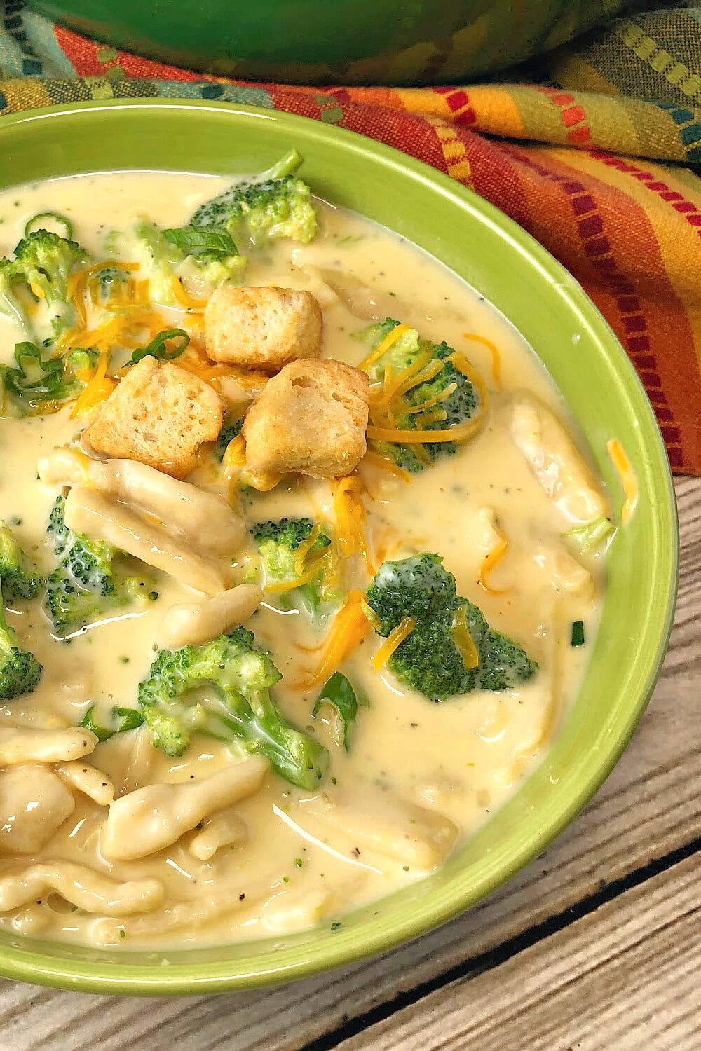 A bowl of broccoli and cheese soup made in the instant pot. 