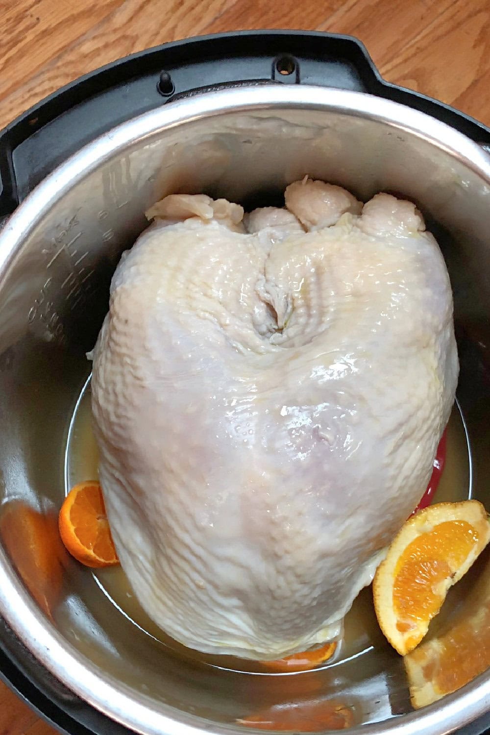 A raw frozen turkey breast in an instant pot with brine and oranges. 