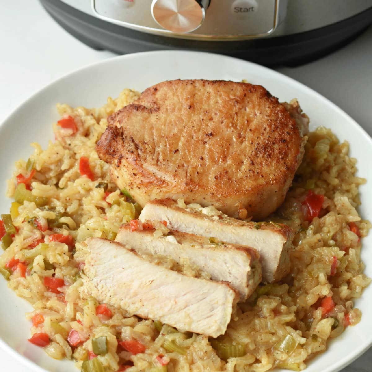 A pork chop whole and sliced on a bed of rice.