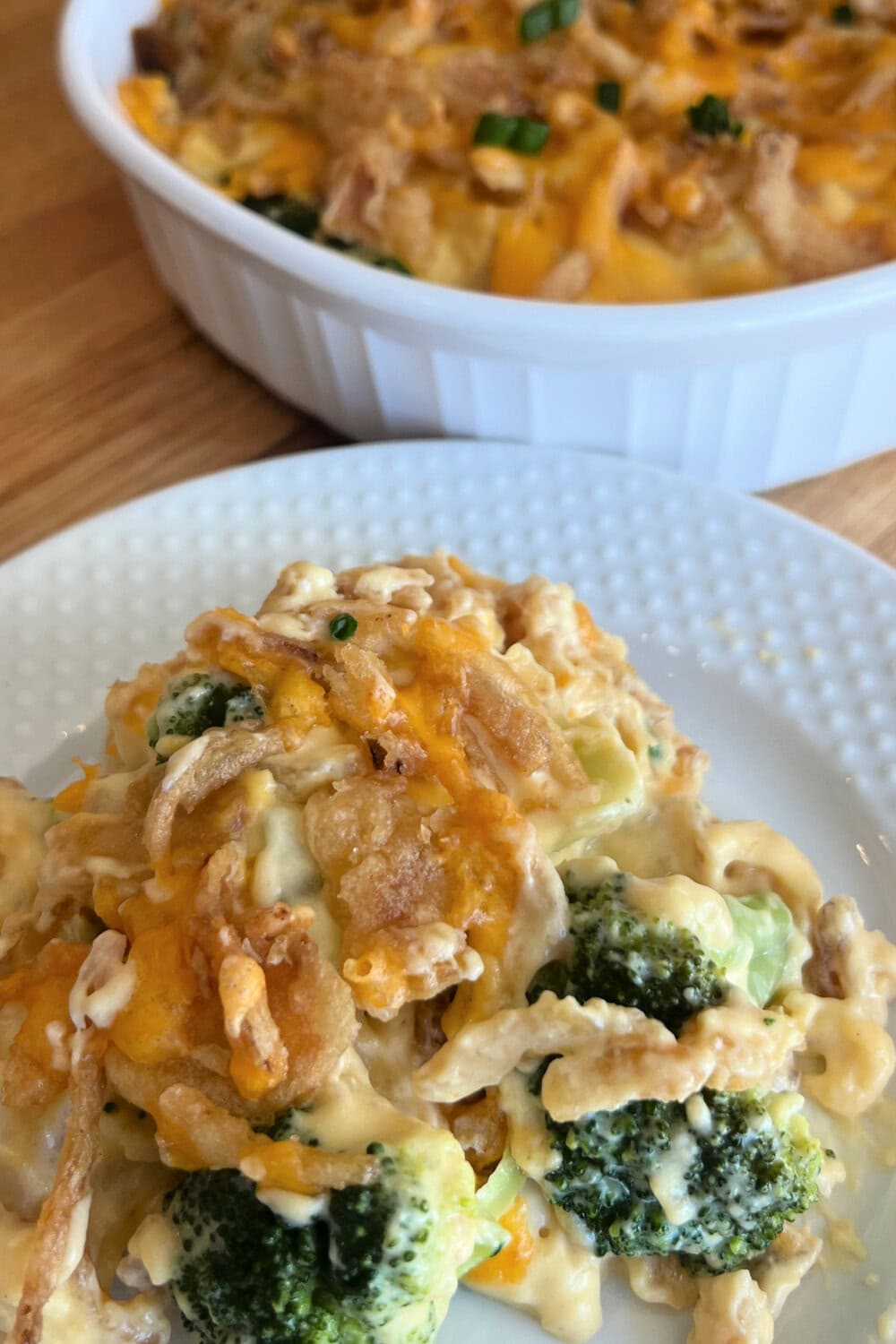 Warm and cheesy, Broccoli Caulifower Casserole ready to be enjoyed. 