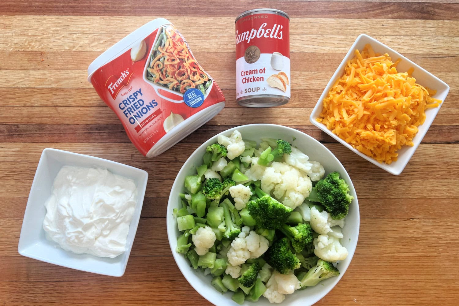 All the ingredients needed to make Broccoli Cauliflower Casserole. 