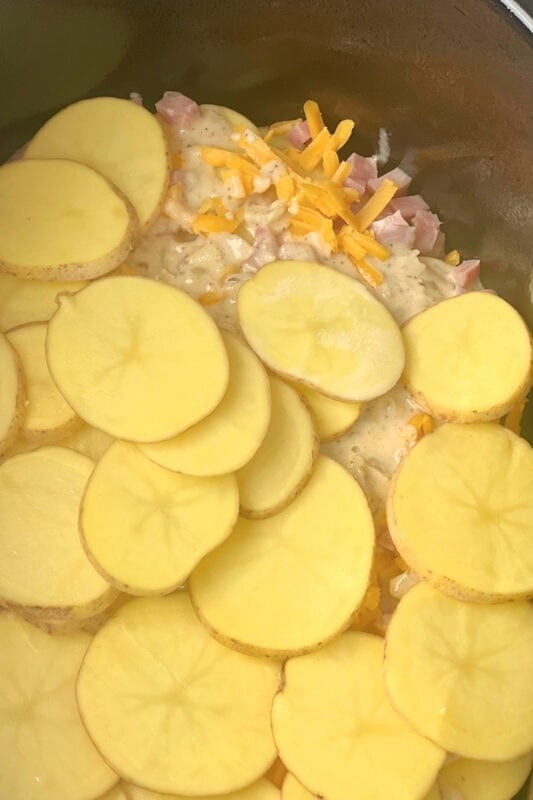 Thinly sliced potatoes layered into the slow cooker for scalloped potatoes. 