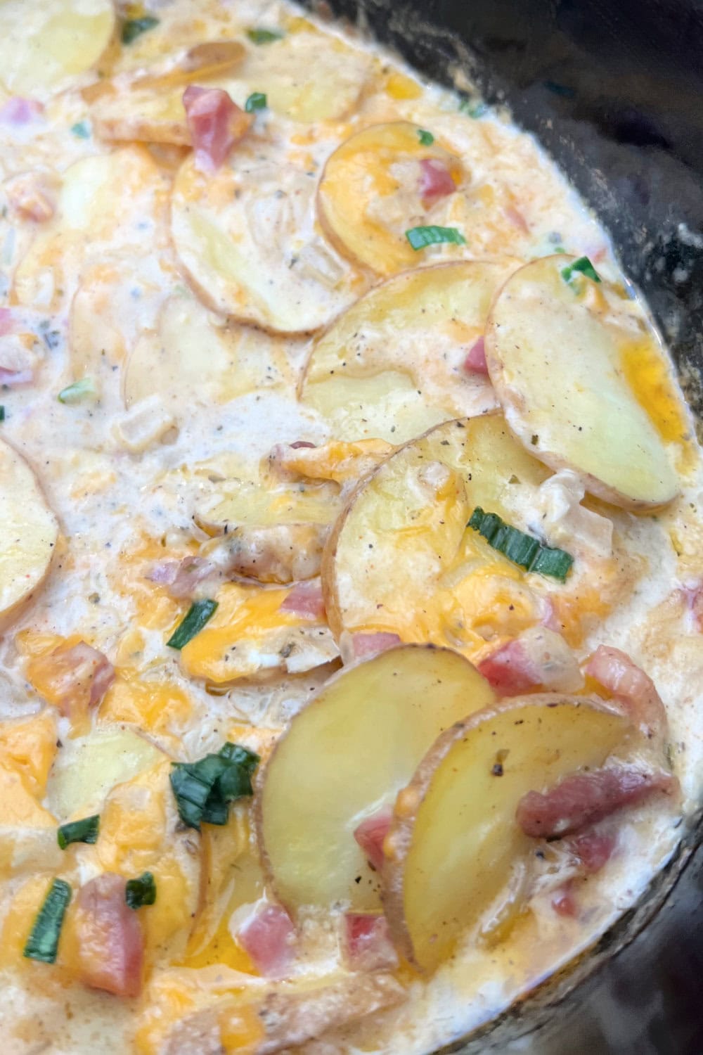 Ham and Scalloped Potatoes in the Crock Pot with scallions on top. 