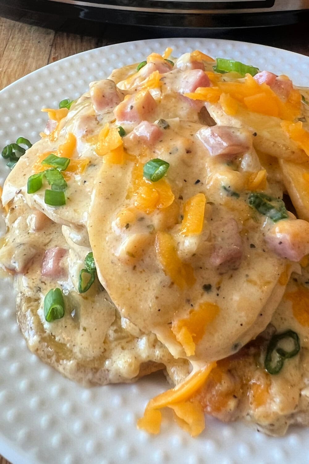 A big helping of Ham and Scalloped Potatoes in the Crock Pot. 