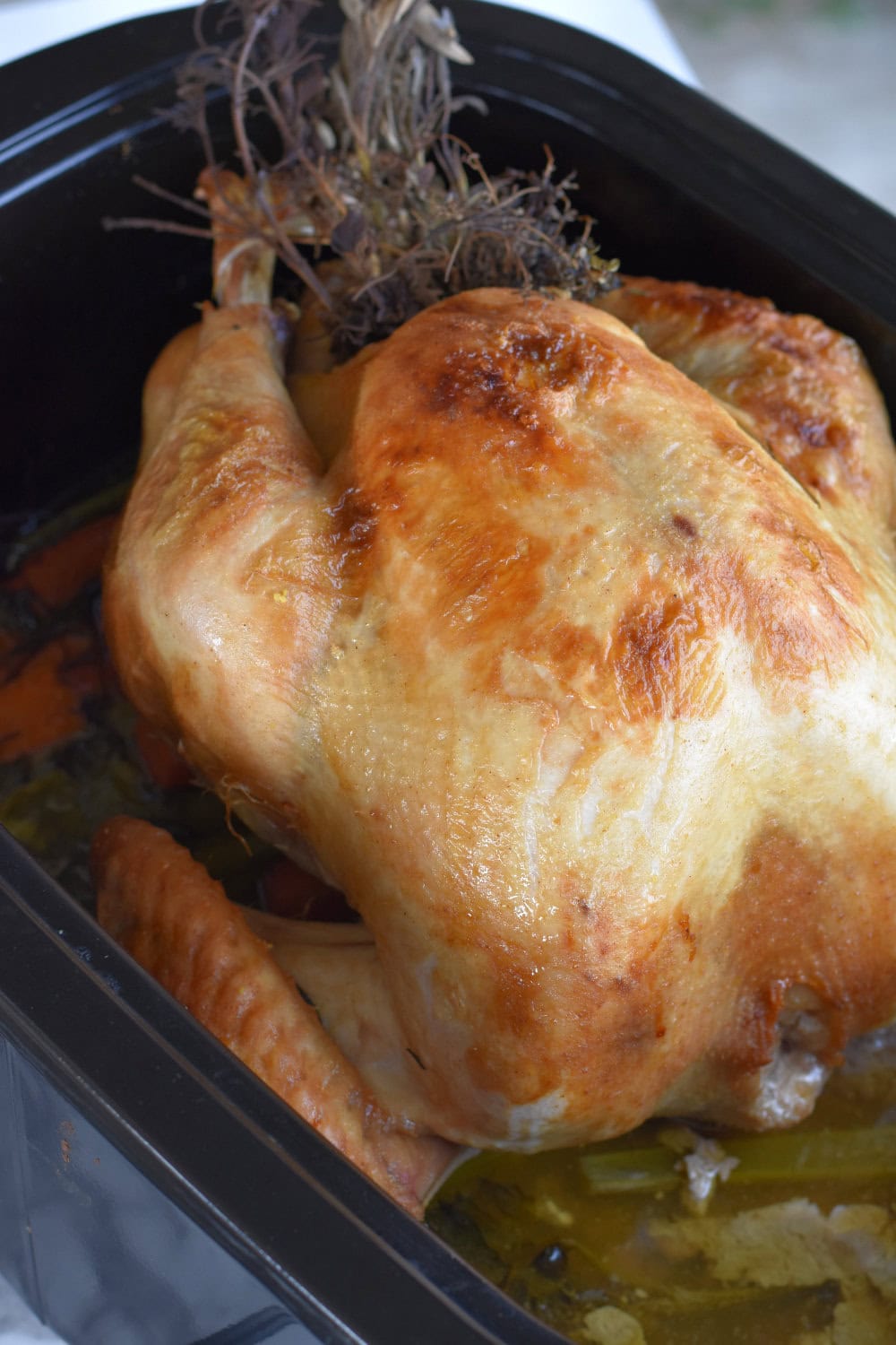 Fully cooked turkey in a electric roaster oven. 