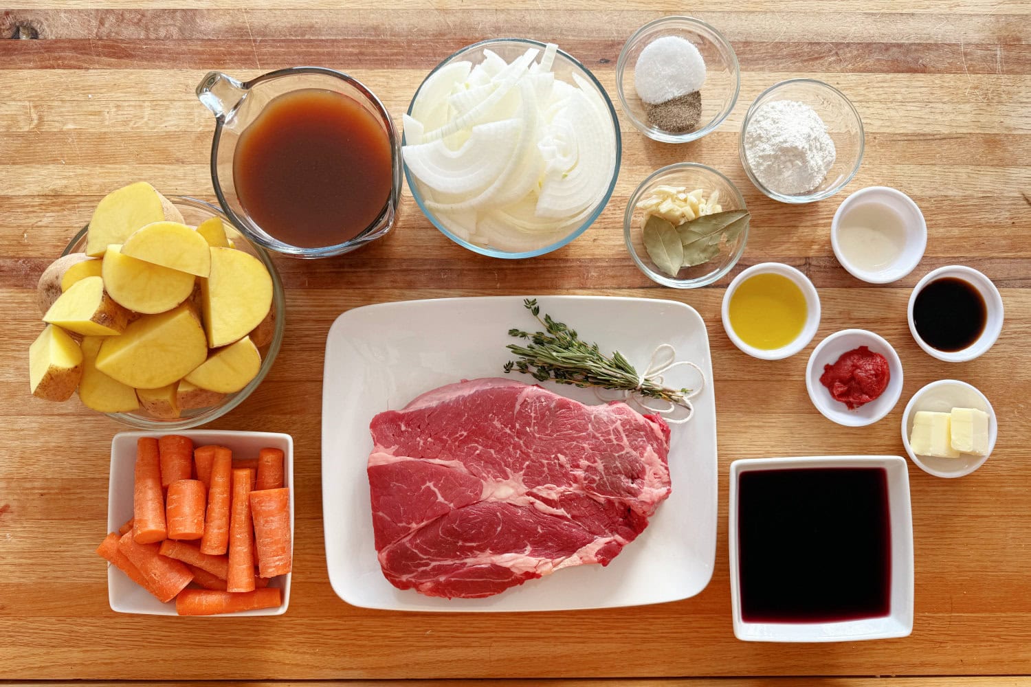 Ingredients for braised beef chuck roast. 