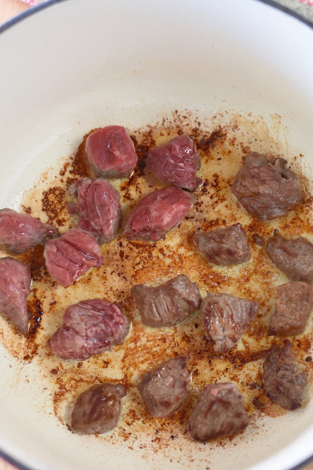 browing-beef-tips Browning meat in a dutch oven on the stove top.