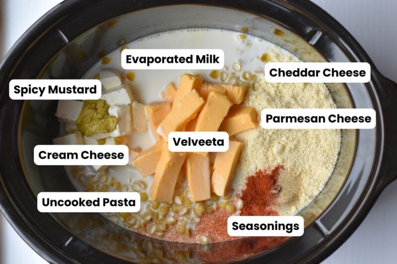 velveeta-mac-cheese-ingredients Ingredients for three cheese crock pot velveeta mac and cheese.