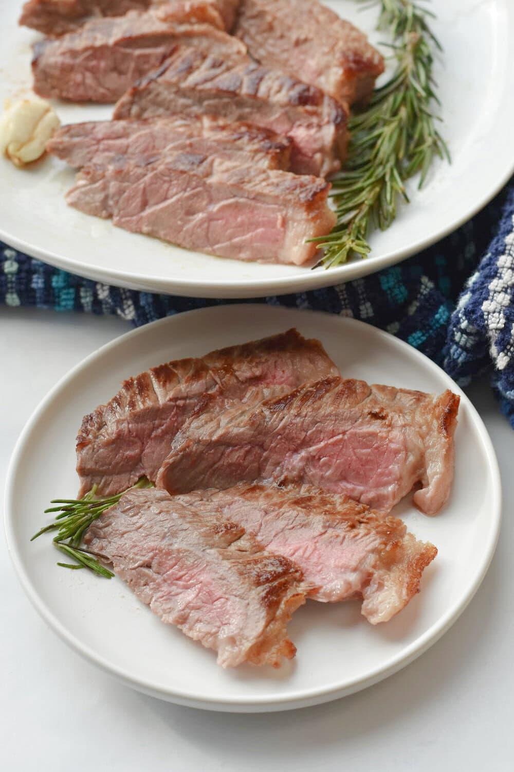 sliced-round-steak Cooked round steak sliced on a white plate.