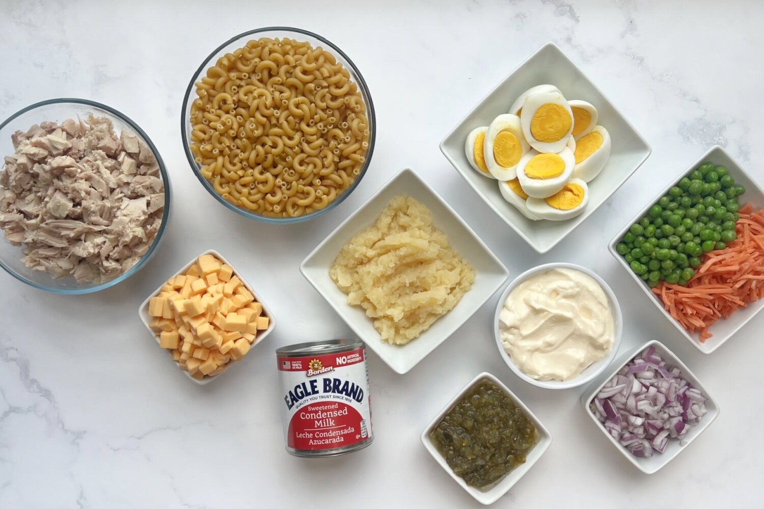 chicken-macaroni-pasta-salad-ingredients Chicken macaroni pasta salad ingredients.
