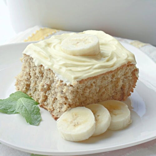 Banana Cake made with Cake mix with sliced bananas on top.