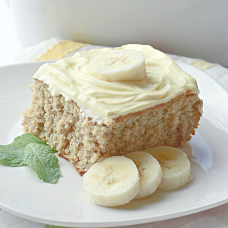 Banana Cake made with Cake mix with sliced bananas on top.