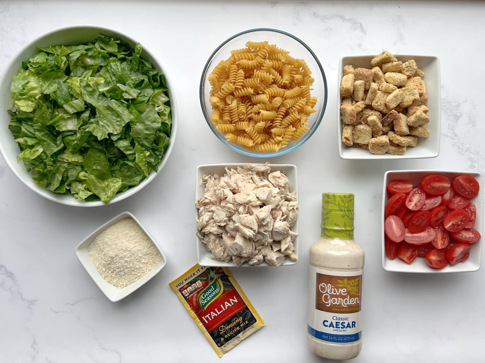 caesar-pasta-salad-ingredients Caesar Pasta Salad ingredients.