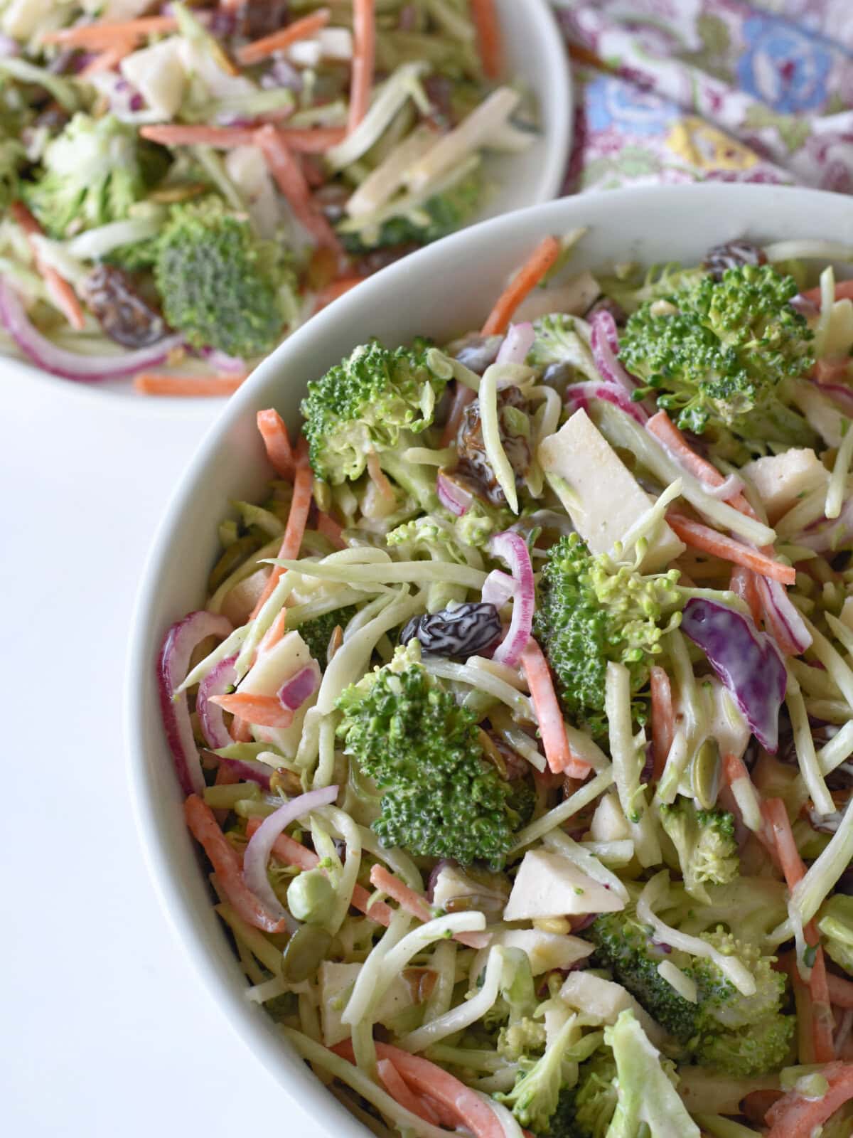 Broccoli Salad with Raisins in a serving bowl. 