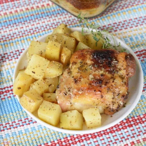 Chicken thighs and potatoes made in the oven.