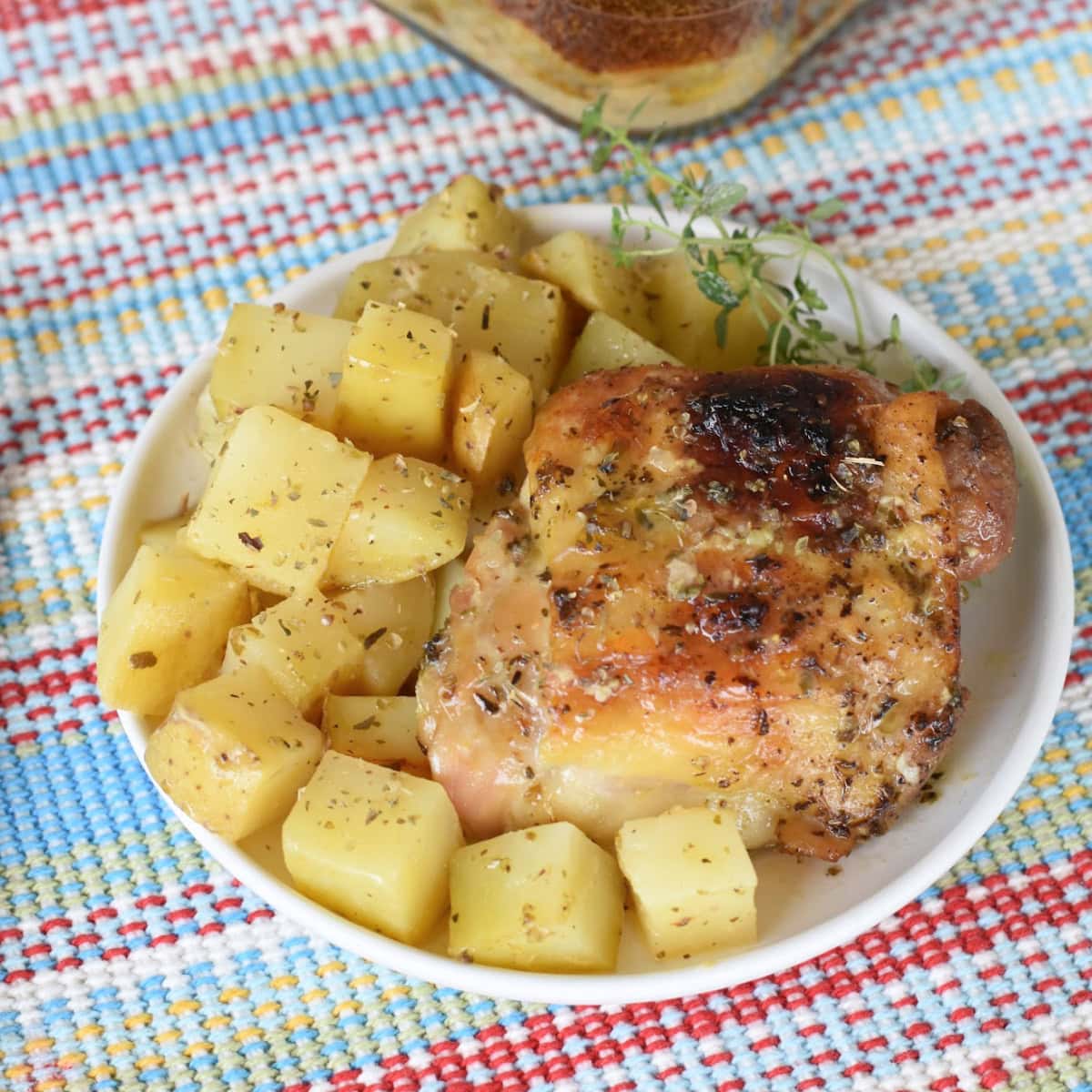 Chicken thighs and potatoes made in the oven.