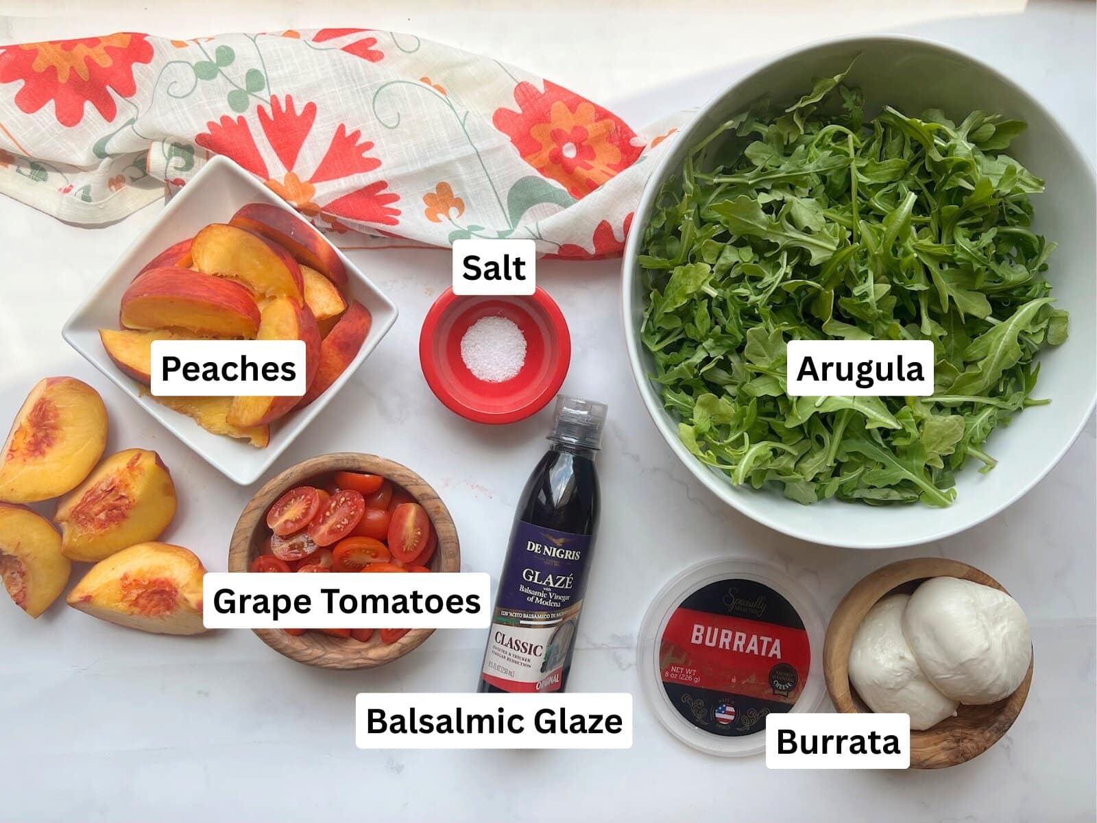 peach-burrata-salad-ingredients Peach burrata salad ingredients.