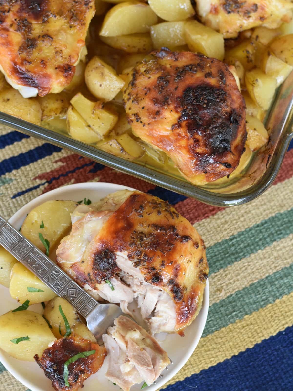 Chicken-Thighs-Potatoes-fork Fully cooked chicken thighs with potatoes in a orange and lemon juice seasoning.