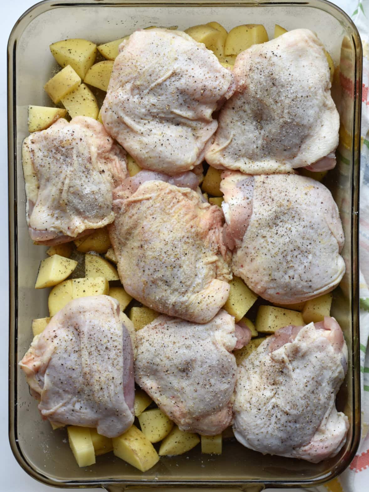 chicken-potatoes-one-pan One pan meal made in a 9X13 pan ready to cook.