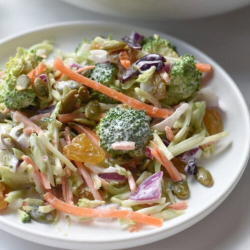 Broccoli Salad with Raisins that are golden.