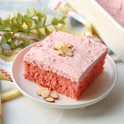 Cherry Almond Cake made from a box cake mix.