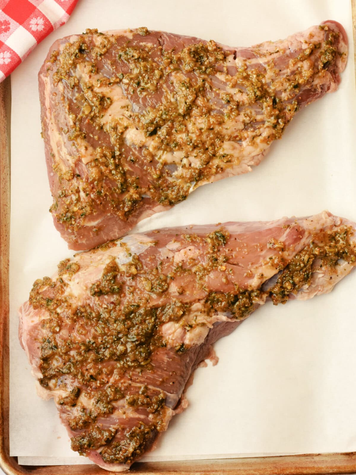 Beef tri-tip with marinade paste. 