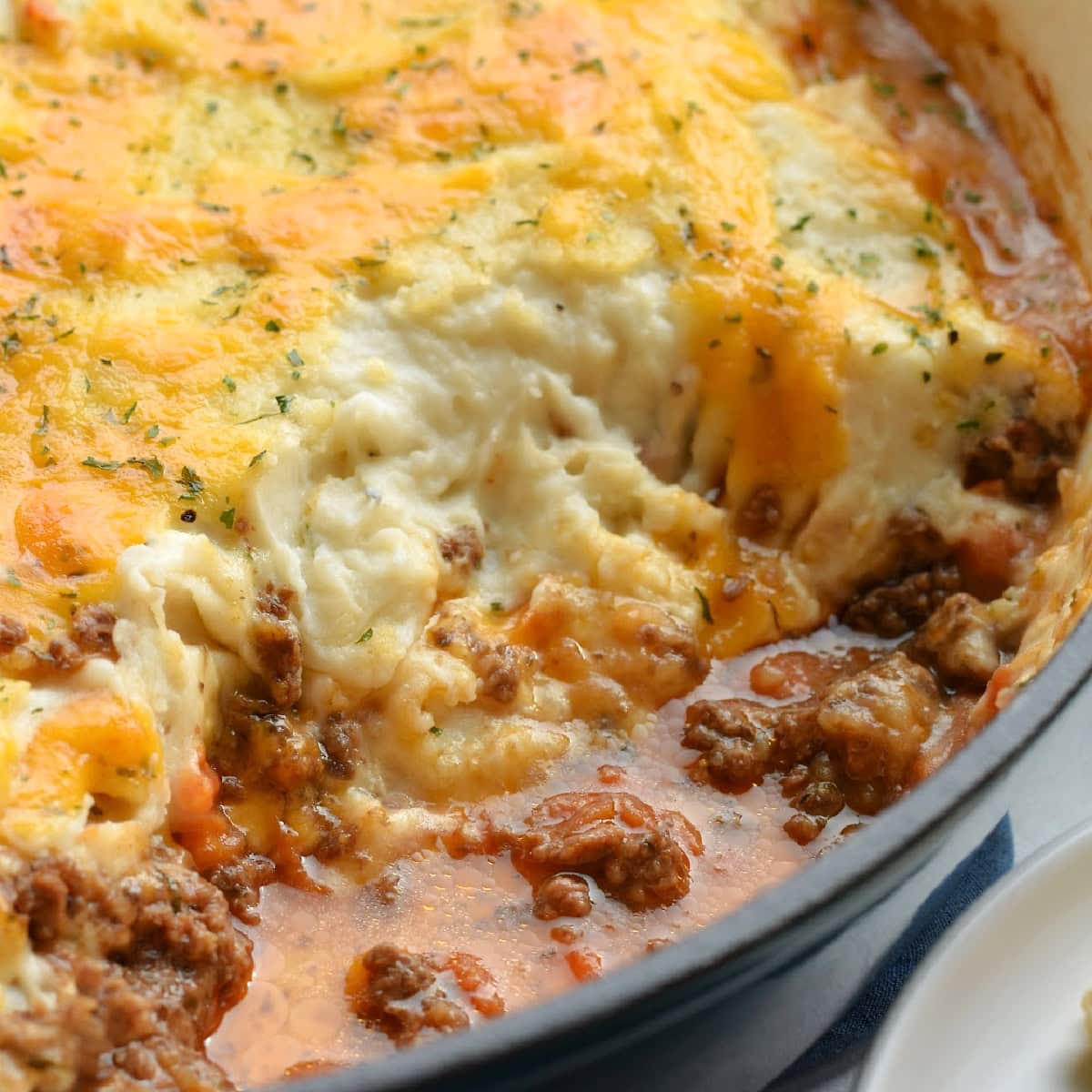 Shepards Pie in a cast iron skillet.