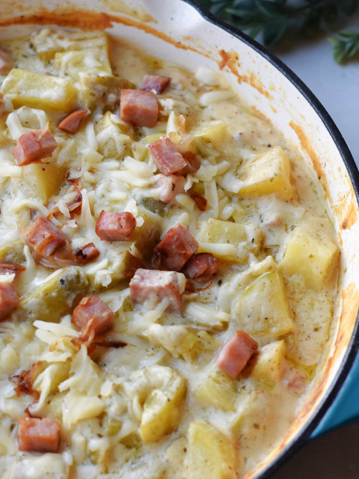 ham-steak-creamy-potatoes Ham Steak and Creamy Potatoes made on the stovetop.