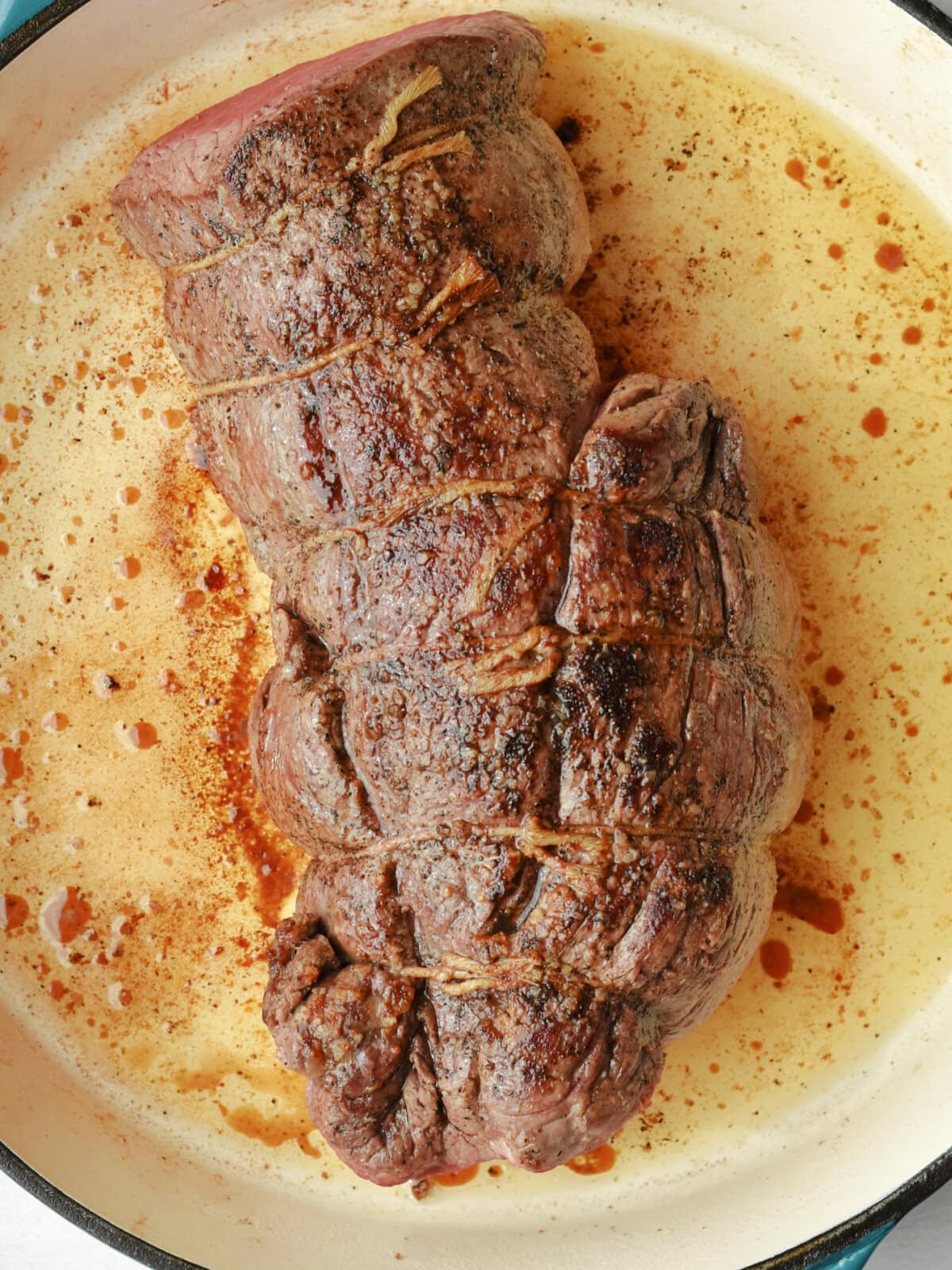 roasted-beef-tenderloin-seared Seared beef in a heavy skillet.
