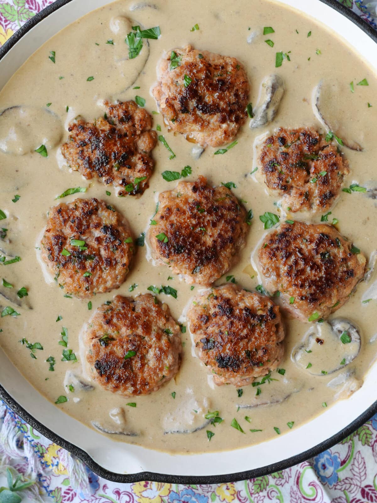 Pork Meatball Stroganoff in a skillet. 