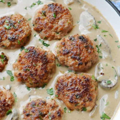 Pork Meatball Stroganoff in a skillet.