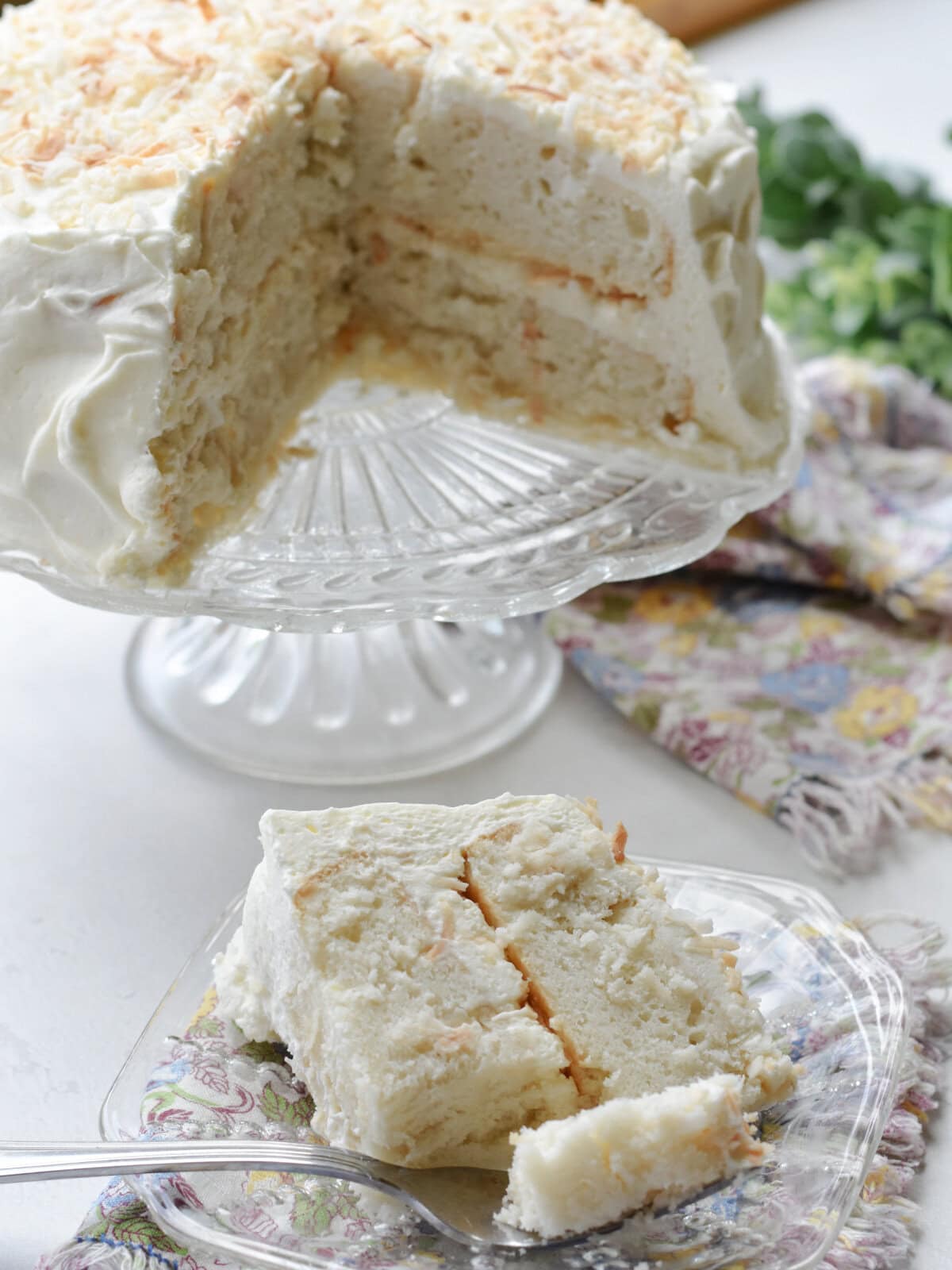 Coconut Cake with Cake Mix sliced and served. 