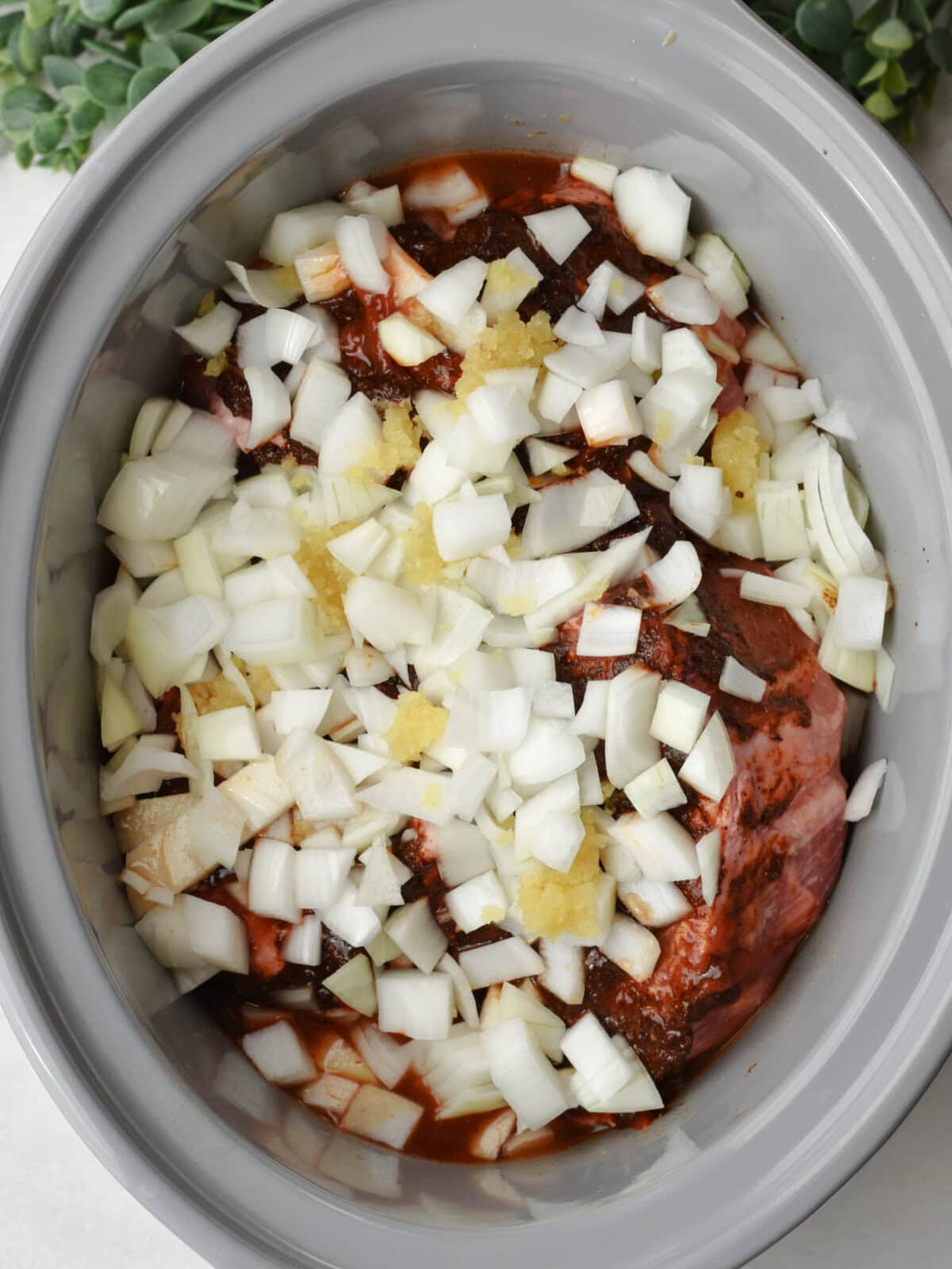 Seasoned pork with onions in the slow cooker. 