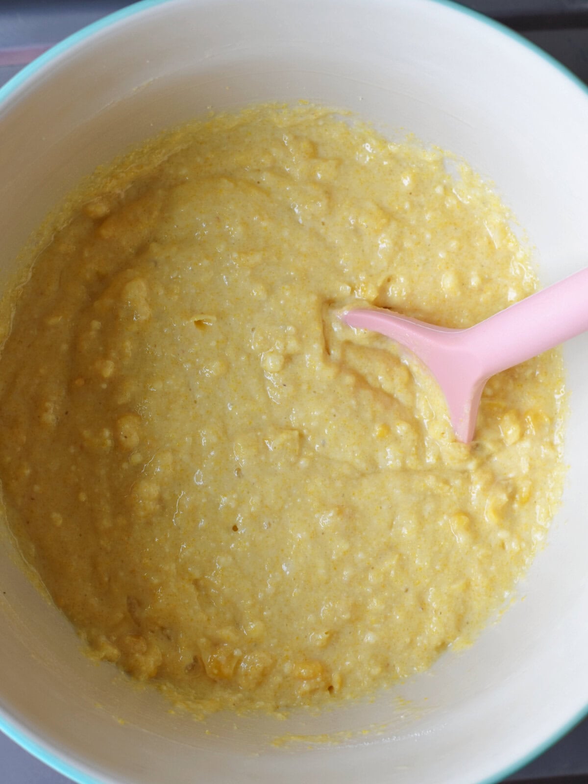 Jiffy Corn Muffin Mix uncooked in a bowl. 