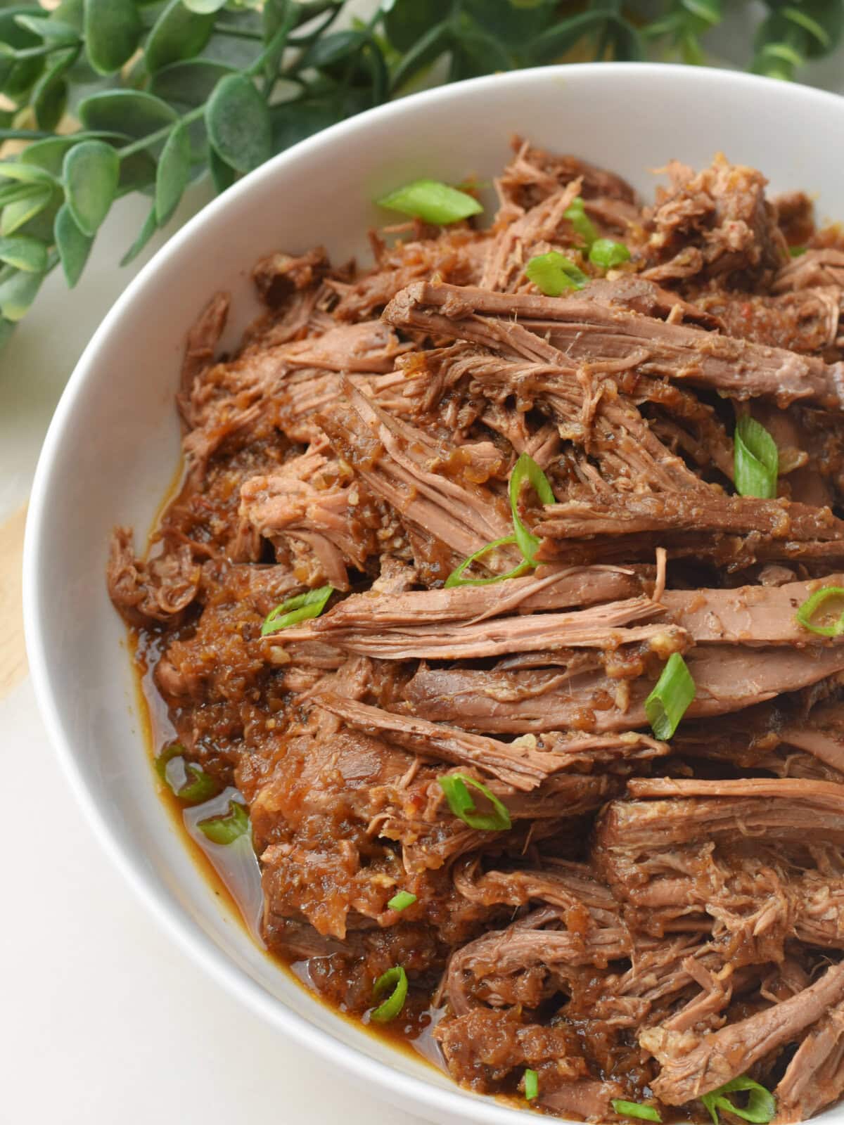 Bottom Round Roast made in the Crock Pot in a serving dish with scallions on top as garnish. 